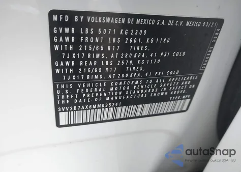 2021 Volkswagen Tiguan 2.0T Se/2.0T Se R-Line Black/2.0T Sel из США, поврежденный, VIN 3VV2B7AX6MM095241